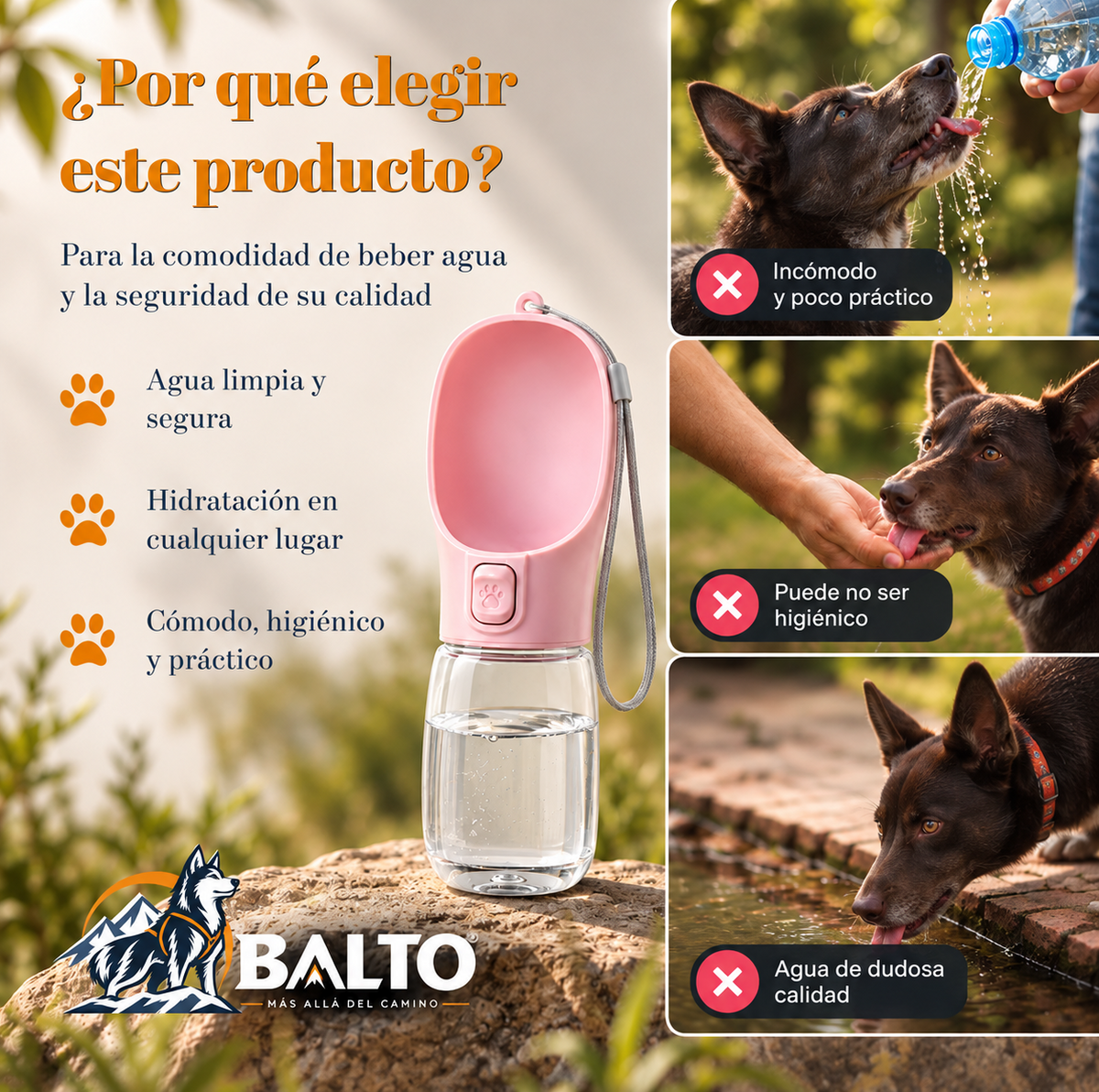 Bebedero portátil para perros con cierre antifugas