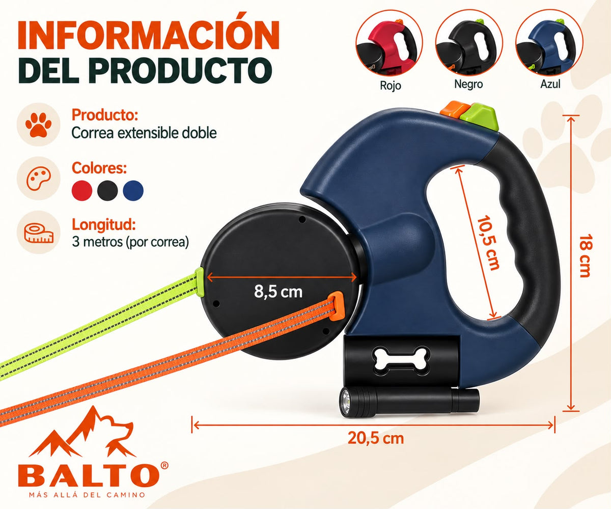 Correa doble para perros antienredos con luz LED y dispensador de bolsas