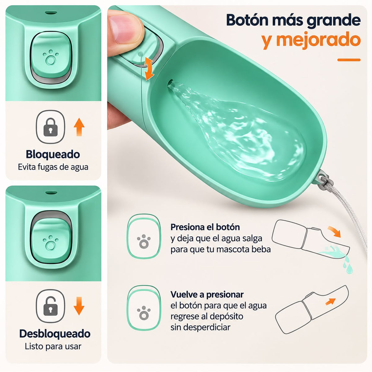 Bebedero portátil para perros con cierre antifugas